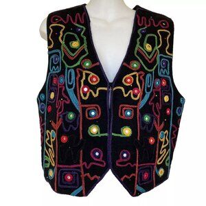 Embroidered Wool Blend Vest Colorful Abstract Design Vintage 90s Emblem